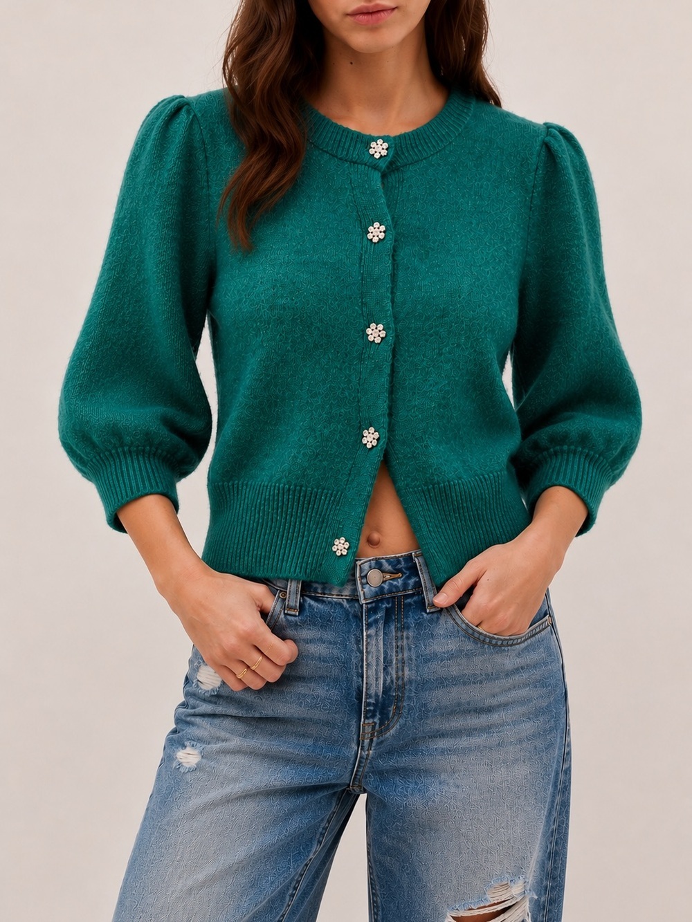Zara Elegant Rhinestones Button down Emerald Green Puff-Sleeve Knit Cardigan